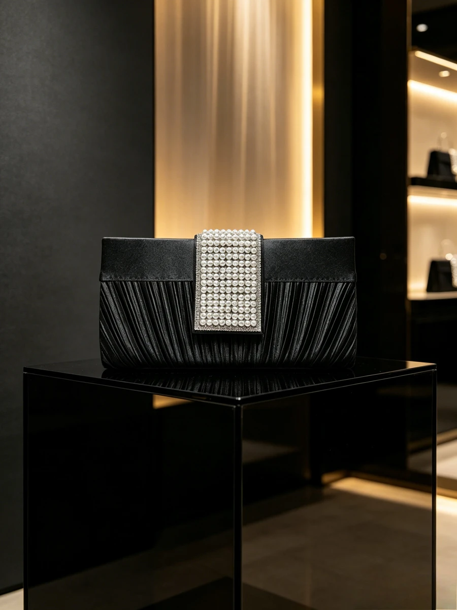 2026 Black Pleated Satin Pearl Rhinestone Decor Long Frame Clutch Women Chic Luxury Evening Handbag For Wedding Runway Formal