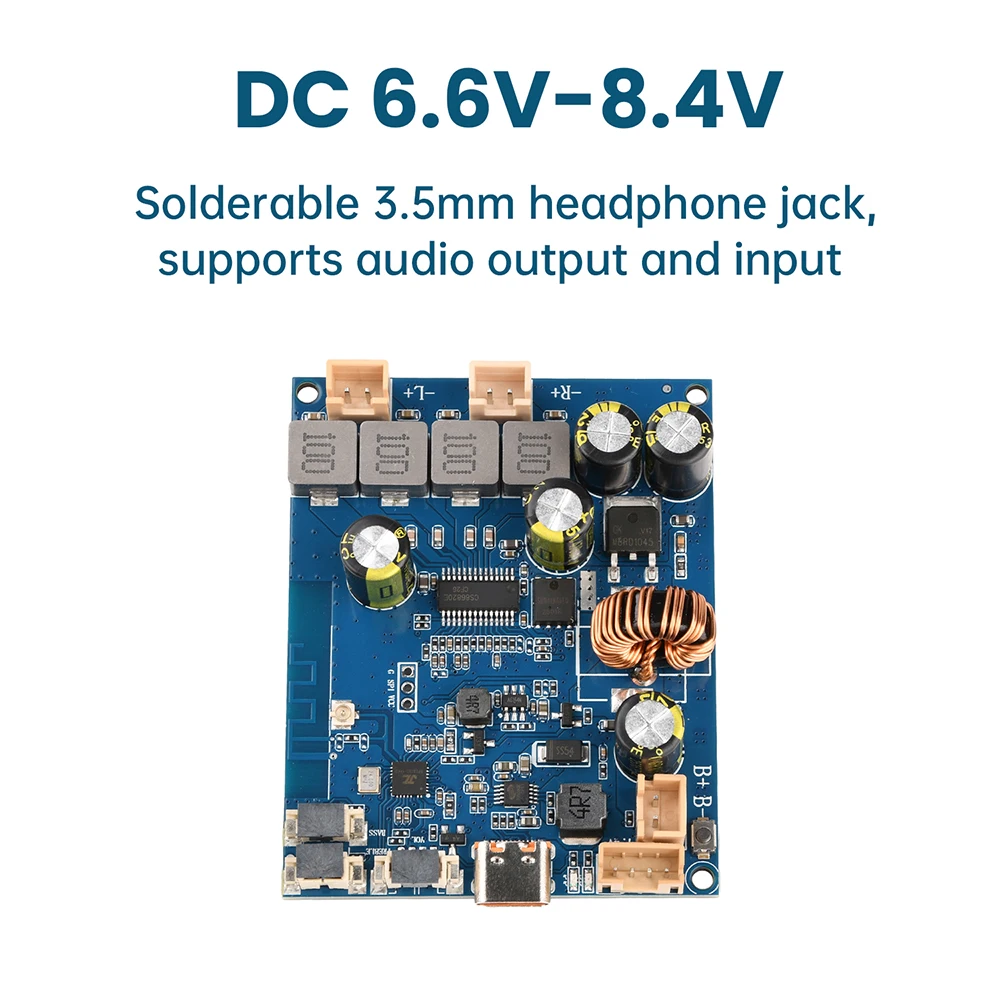 DC 6.6–8.4V Bluetooth Amplifier Board 2×25W Bluetooth Amplifier Module Supports Audio Tuning and Integrated Charging Type-C Port