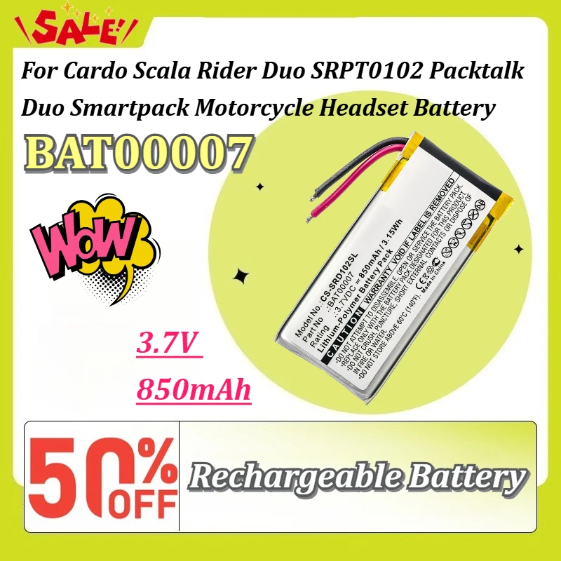 BAT00007 3.7V 850mAh Rechargeable Battery for Cardo Scala Rider Duo SRPT0102 Packtalk Duo Smartpack Motorcycle Headset Battery