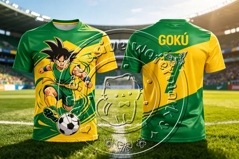 Hot Dragon Ball Z Little Goku No.7 Green Yellow Split Football Shirt 3D Full Print Unisex Vintage Anime Trendy Casual Sports Top