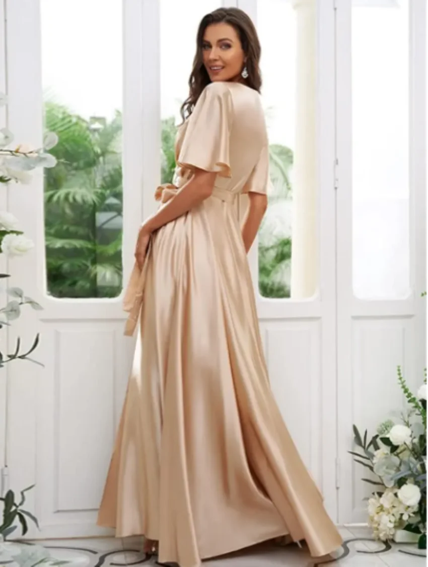 Othray Guest Gowns with Sleeve Slit for Women V Neck Bridesmaid Dresses Simple Long Satin Wedding