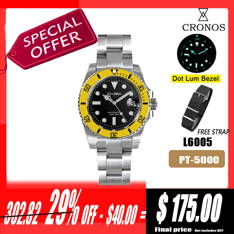 Cronos Sub Diver Herrenuhr, Edelstahl, PT5000, Armband, Keramiklünette, 200 Meter wasserdicht,
