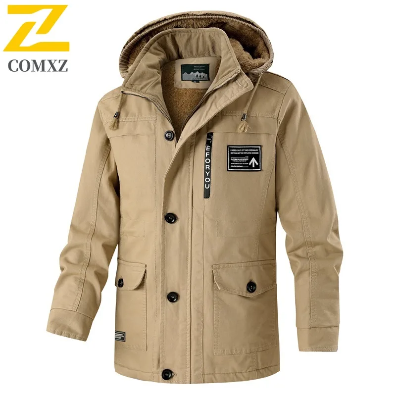 COMXZ 2024 Mens Plus Size Cotton Fleece Workwear American Style Jacket Long Coat Waterproof And Windproof Multi Pocket