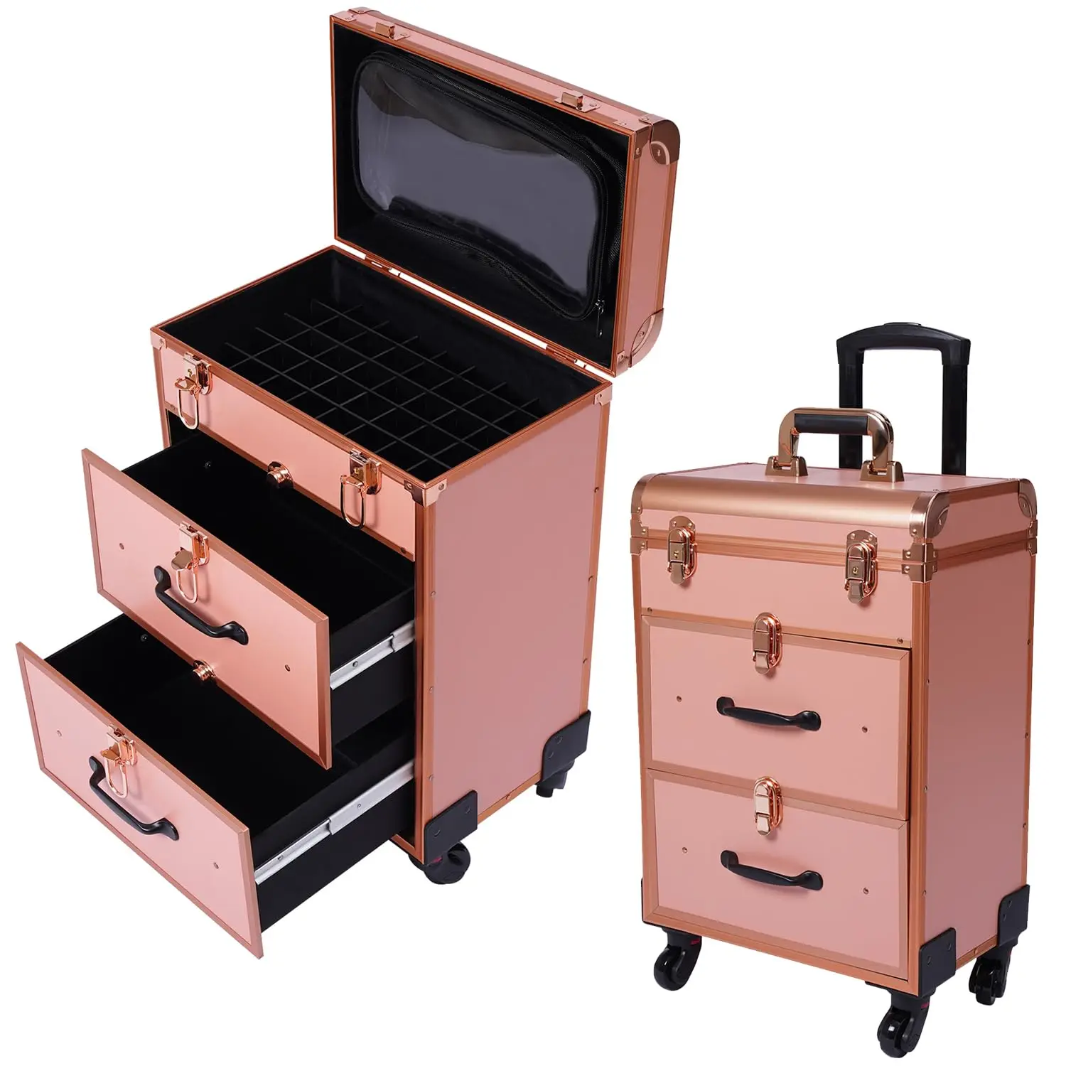 

Makeup Train Case, Professional Rolling Makeup Trolley with Adjustable Dividers, Nail Polish Organizer, Jewelry Travel Cosmetic