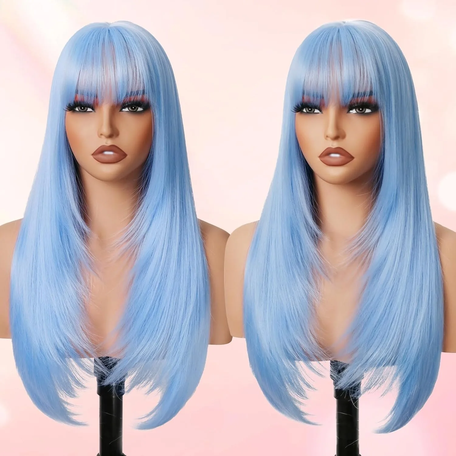 Light Blue Layered Lace Wig With Bangs Straight Wigs Synthetic For Women 13x4 HD Transparent Pre Cut Daily Glueless Cosplay