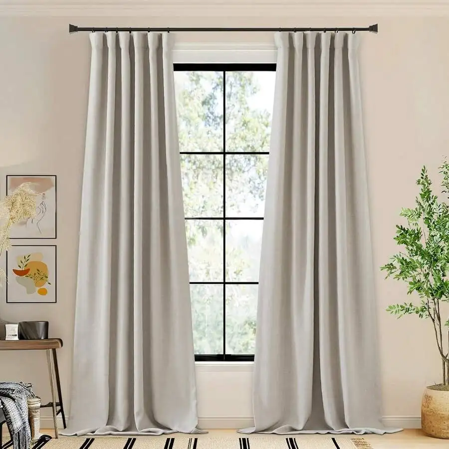 Pinch Pleated Room Darkening Curtains Faux Linen Textured Thermal Insulated For Living Room W50 X L108 2 Panels