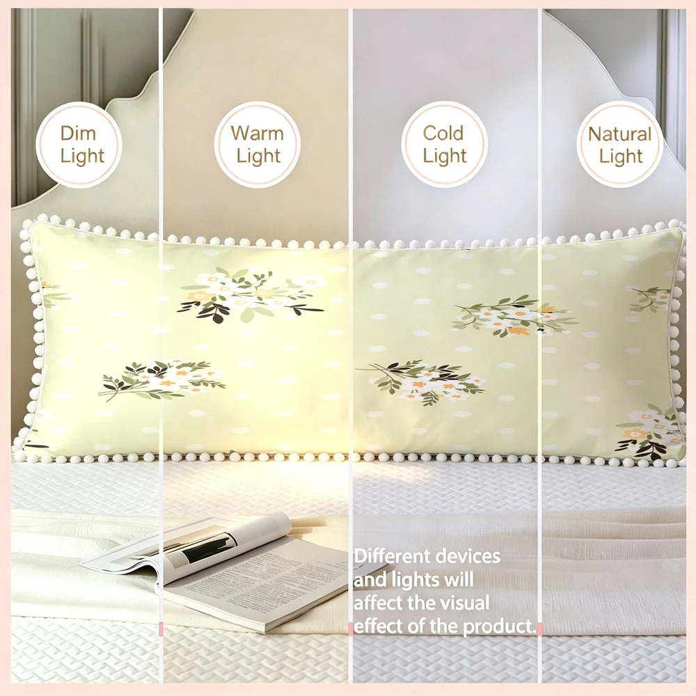 1PC Light Yellow Background with White Small Wildflowers and Green Leaves, Sweet Fresh Country Floral Long Pillow Cover with P