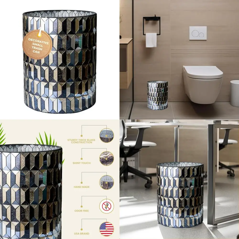 

Mosaic Glass Decorative Small Bathroom Trash Can 6L Luxury Waste Basket for Restroom, Modern Design 8x10 Inches