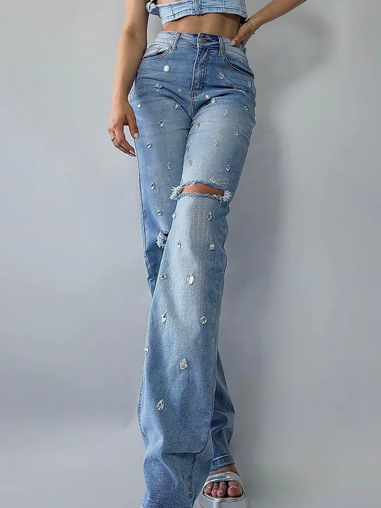 

American Style Hot Girl Diamond Ripped Jeans Women's High Waisted Straight Leg Denim Pants Trendy High Street Casual Trousers