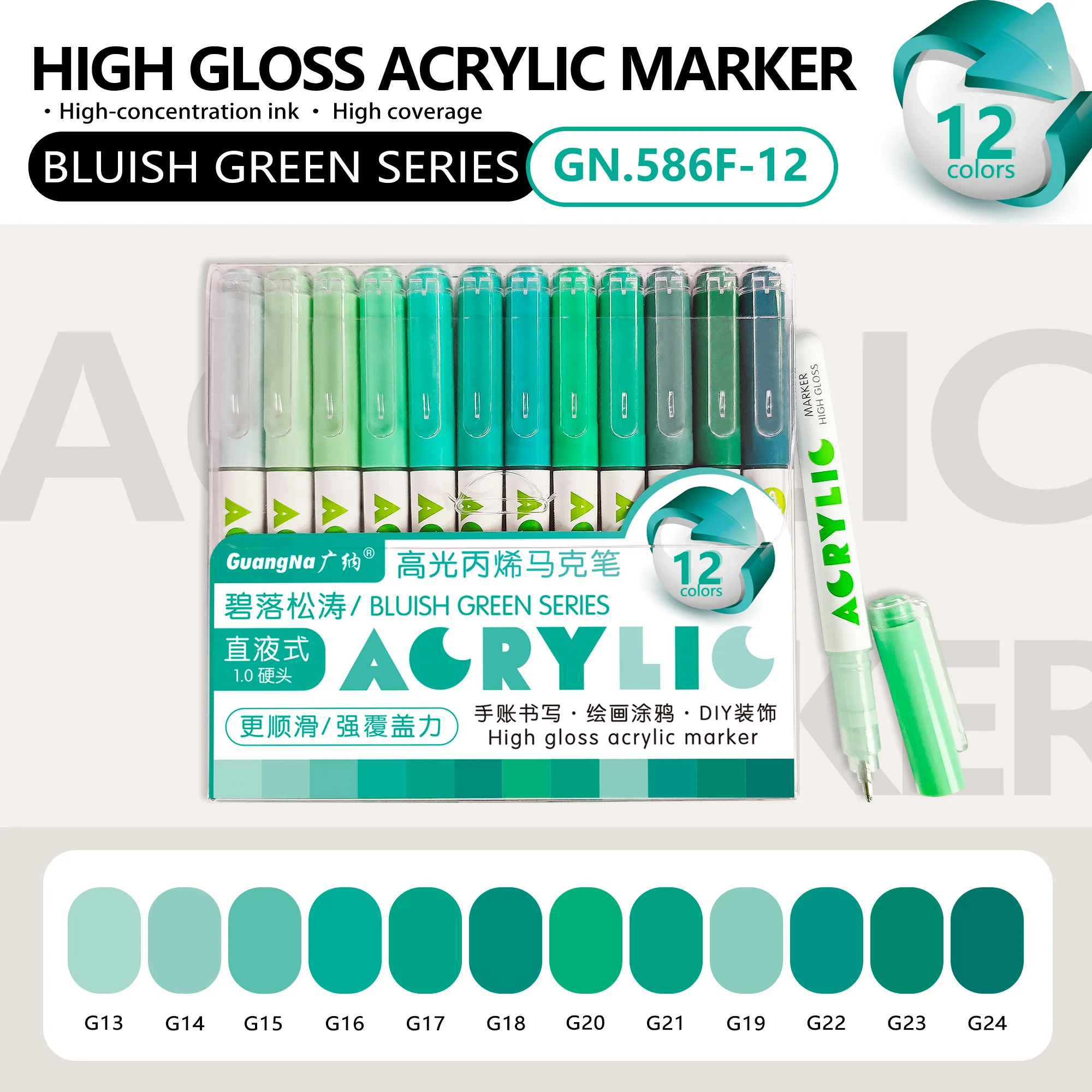 GuangNa 168/12 Kleuren Hoogglans Acrylmarker Set - Premium Direct Liquid Verfpennen voor Kunst, Schilderen, Handlettering & DIY