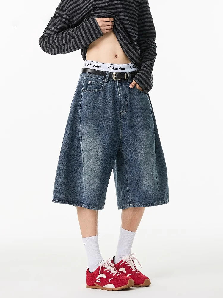 

American Retro Knife Denim orts Loose Casual Men's Summer Design Sense Worn Five-Quarter Pants Straight Leg Jeans