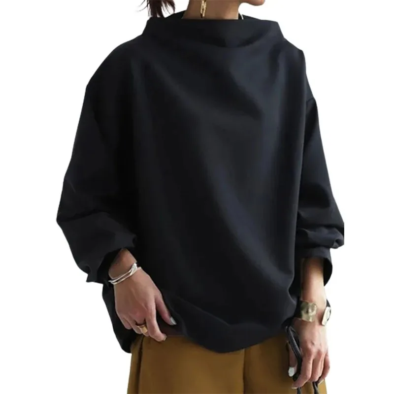

Women's Autumn Winter High-neck Black Sweatshirt Long Sleeves Loose Solid Color Casual Simple Pullover Tops