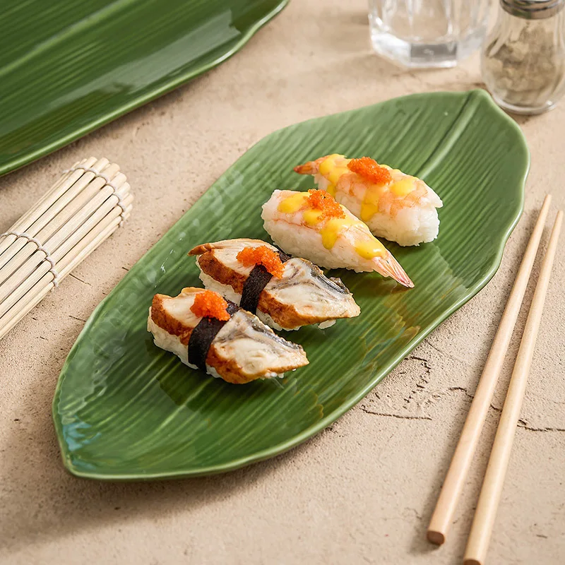 Green Bamboo Leaves Ceramic Sushi Plate,Special Texture Long Plate,Japanese Cuisine Sashimi Plate, Pastry Dessert Tableware
