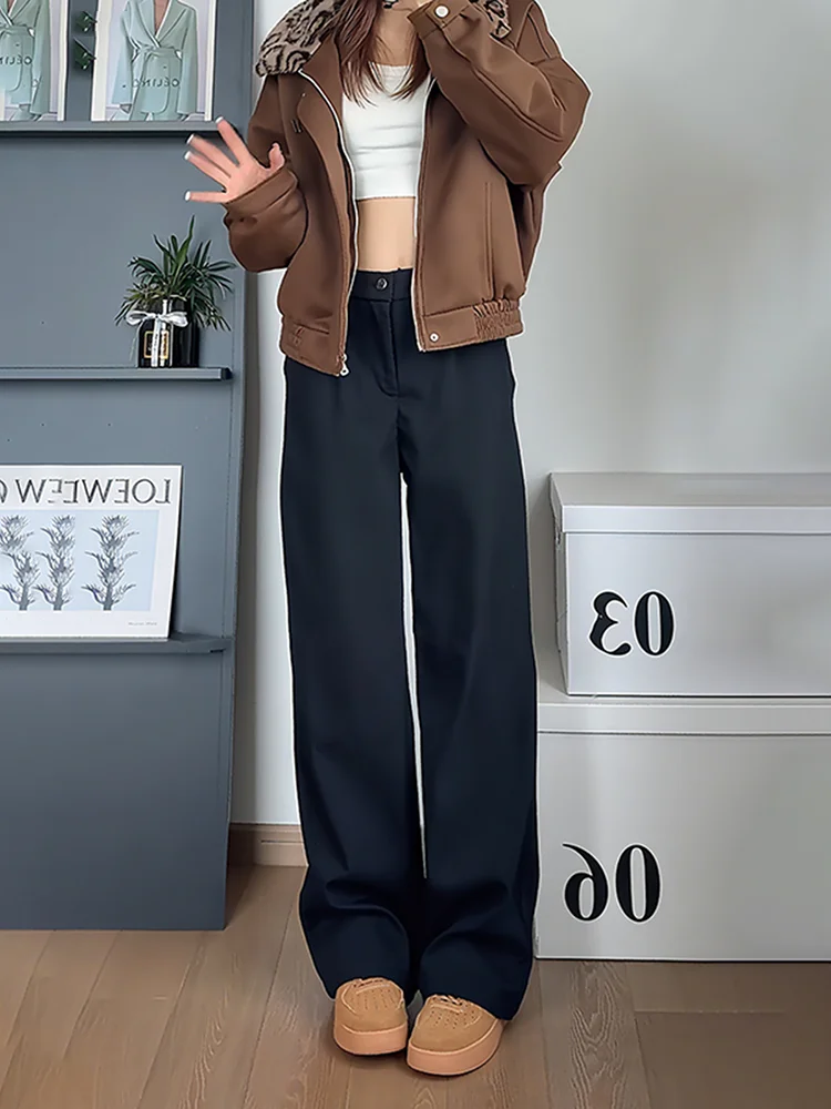 

Черные мужские брюки прямого кроя на флисовой подкладке в американском стиле, повседневные зимние брюки-костюм, варианты с высокой и низкой талией