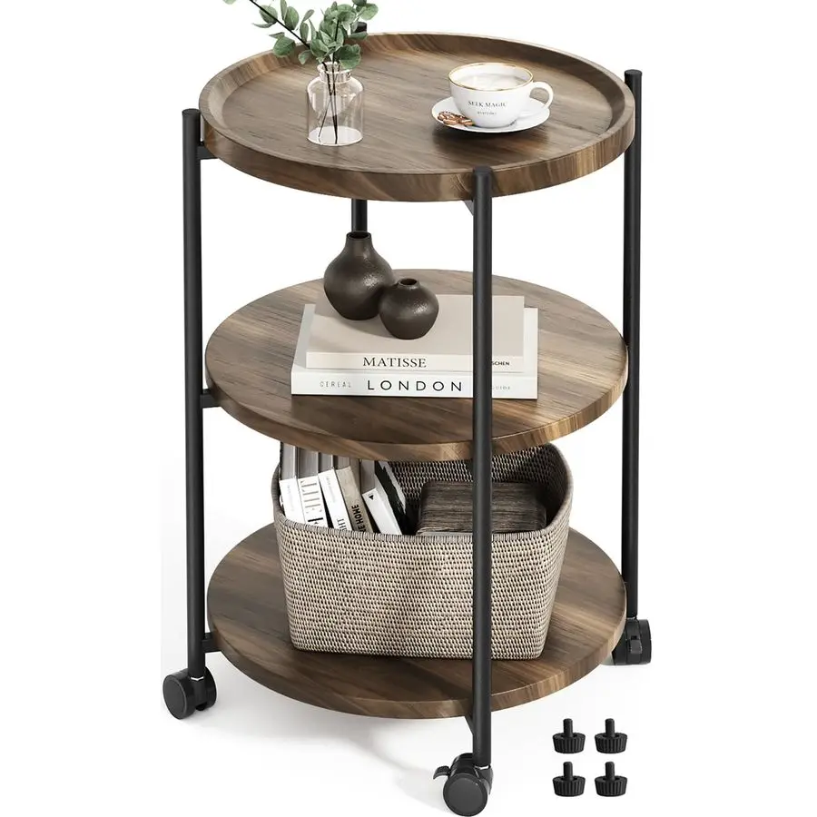 

Table, 3Tier Modern End Table with Wheels, Small Round Nightstand Bedside Table for Living Room, Bedroom, or Small SpacesWalnut