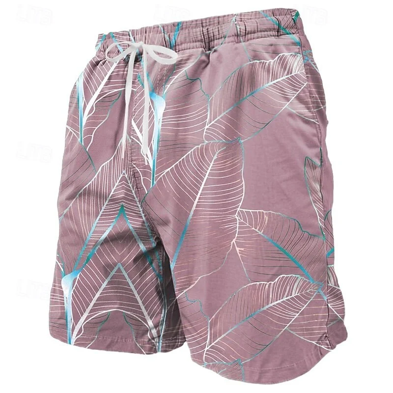 

3D Printed Colorful Leaves Short Pants For Men Plant Stripes Pattern Beach Shorts Summer Casual Street Breathable Swim Trunks