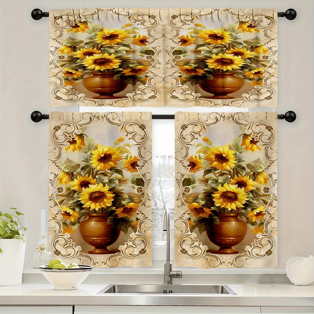  Sunflower Bouquet in Vase Kitchen Curtain, Rustic Farmhouse Floral Autumn Window Treatment for Kitchen Cafe Home Decor