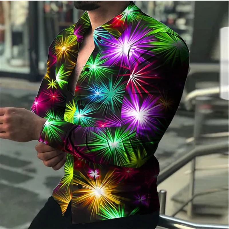 2024 Men\'s Shirt Colorful Star Casual 3D Print Cardigan Shirt Party Street Vacation Inverted New Long sleeved Cardigan Shirt