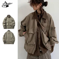 Bomber Jacket Men Vintage Multi-pocket Loose Safari Coat Harajuku Lapels Oversize Cargo Jackets Spring Autumn Unisex Casual Coat