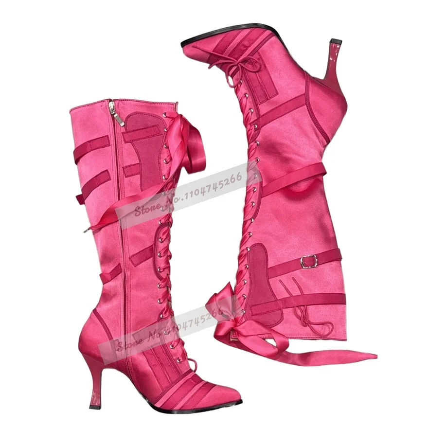 Hot Pink Satin Knee High Boots Pointed Toe Stiletto Heel Ribbon Lace Up Bow Decor Party Dress Boots Side Zipper Patchwork Shoes