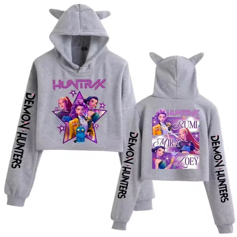 KPop Demon Hunters-sudaderas con capucha cortas con estampado de orejas de gato para mujer, Sudadera con capucha a la moda para chicas adolescentes Y2K, ropa de calle, jerséis informales con capucha