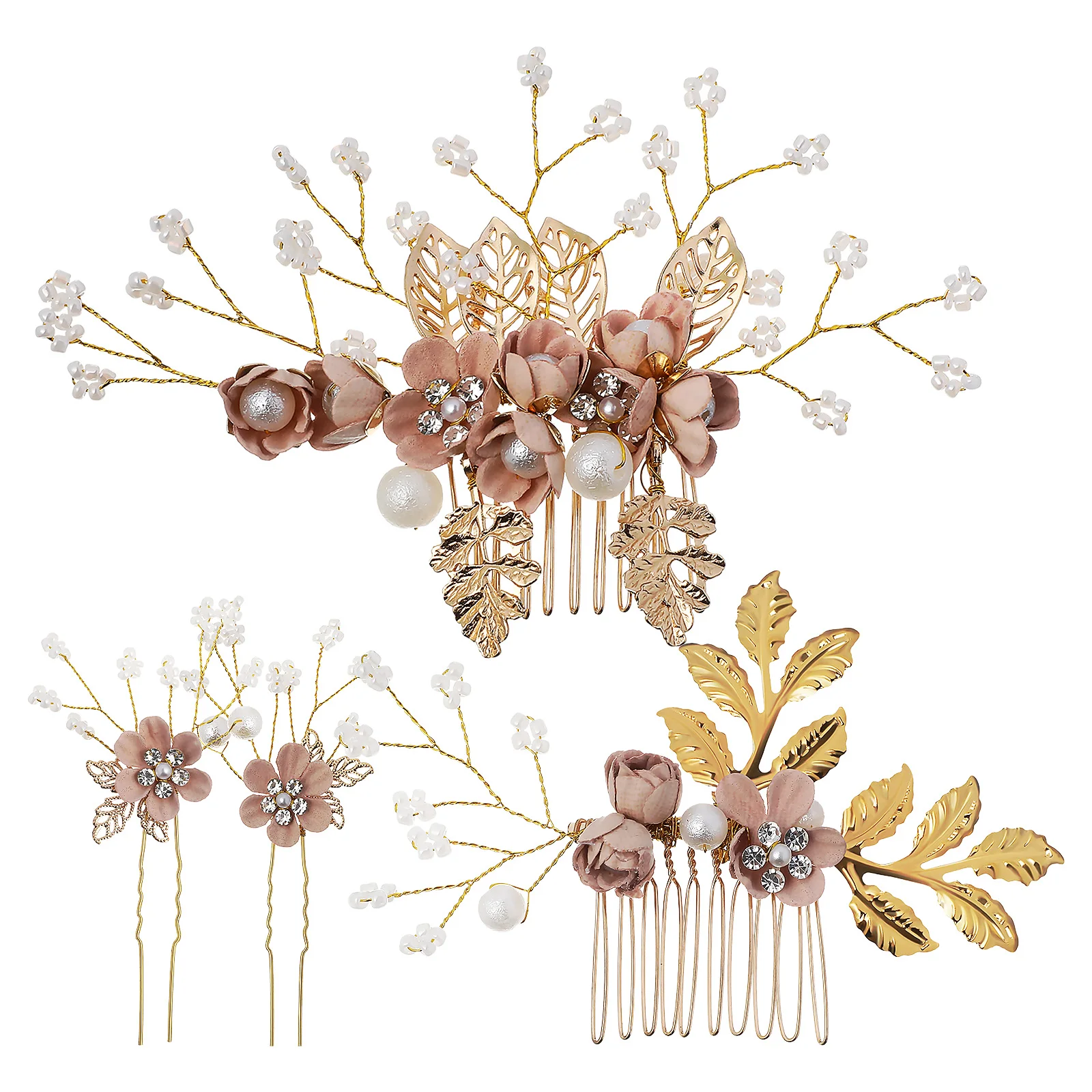 

1 set Pearl Comb Accessories Pink Bridal Side Wedding Pins Flower Hair Combs Rhinestone Hairpins U Shaped Decorative Combs For