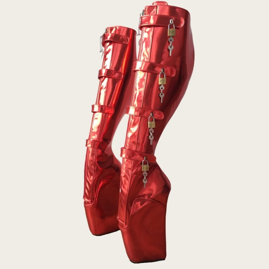 Women's Red Metallic Patent Leather Platform Ballet Heel Boots Buckle Lock Detail Knee-High Design Bold Edgy Style for Outfits