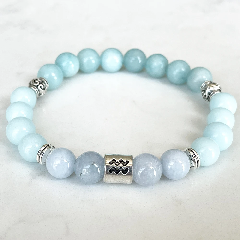 MG1678 Aquarius Zodiac Bracelet For Women 8 MM Aquamarine Crinoid Jasper Energy Wrist Mala Natural Gemstone Jewelry