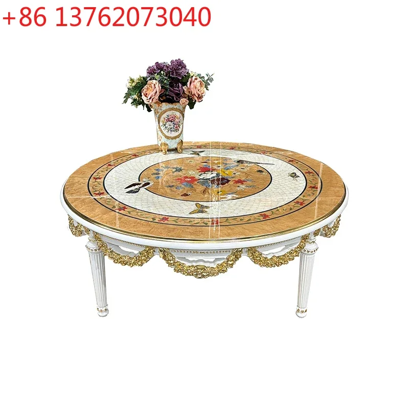 

French solid wood coffee table, European carved round tea table, living room shell veneer tea table6220