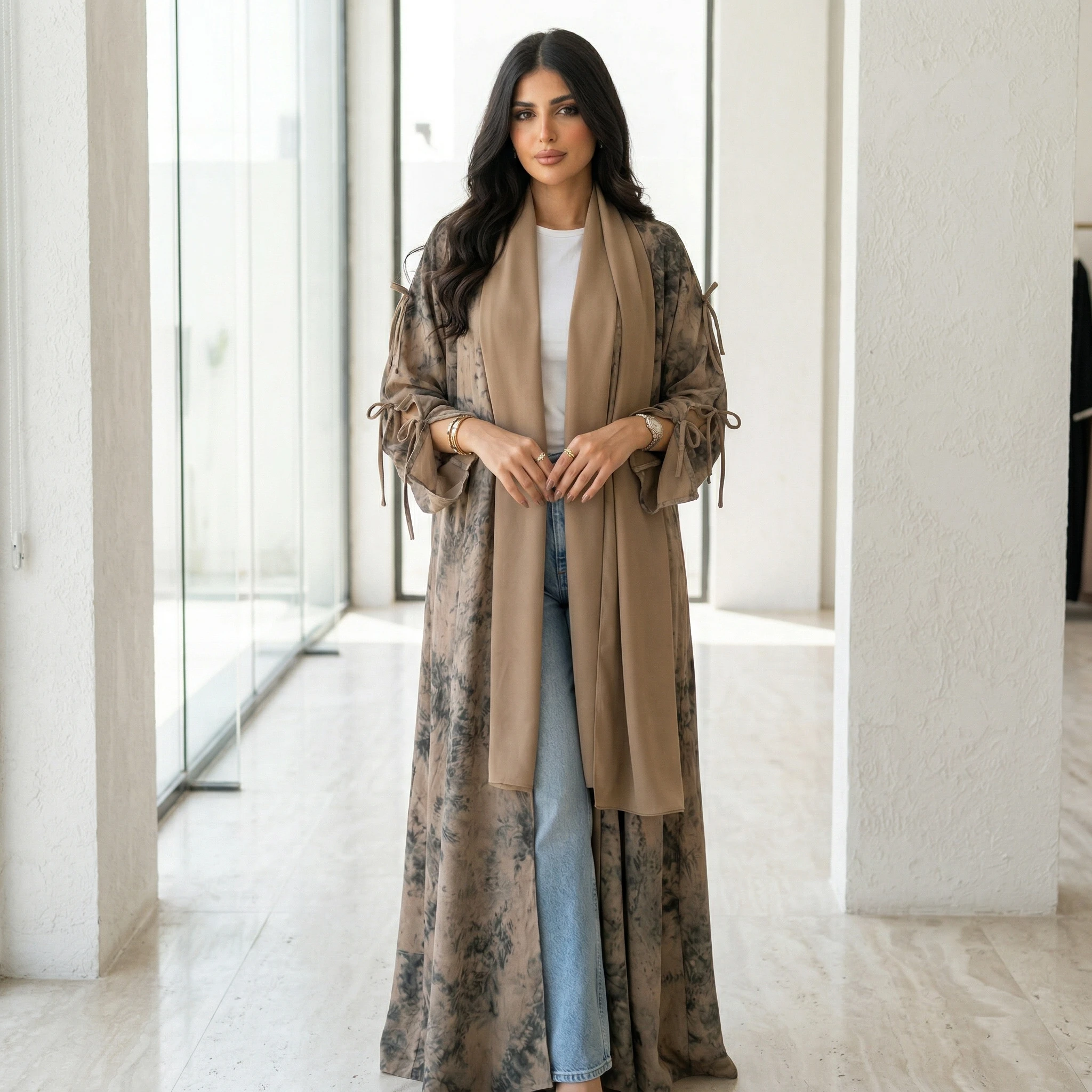 

Комплект из 2 предметов для мусульманок: кардиган с цветочным принтом и хиджаб, верхняя одежда с длинными рукавами, повседневная офисная модная легкая одежда для скромного образа