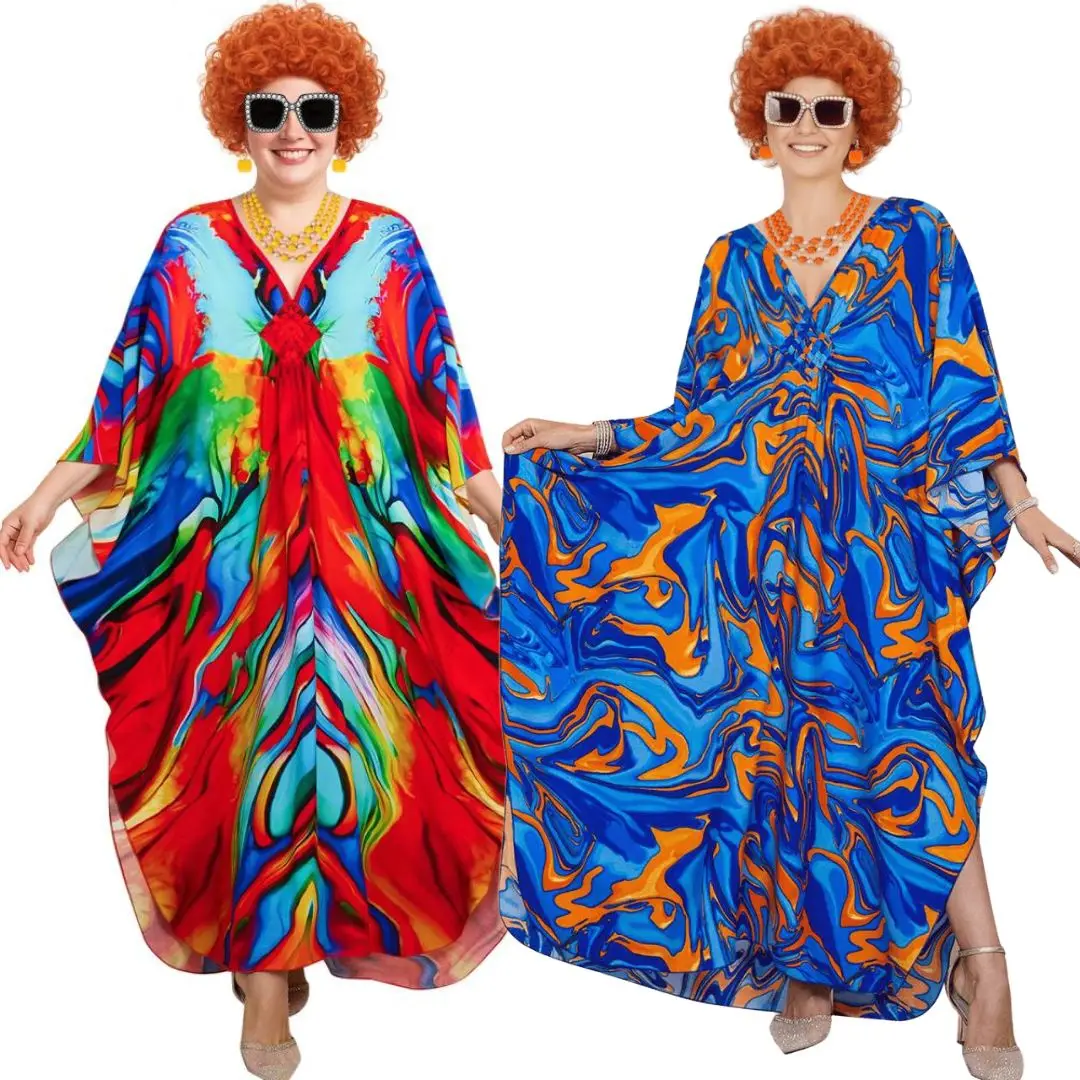 

6pcs Mrs Roper Romp Landlady Cosplay Costume 70s Boho Caftan House Beach Bathing Floral Dress Cover Ups Wig Jewelry Takerlama