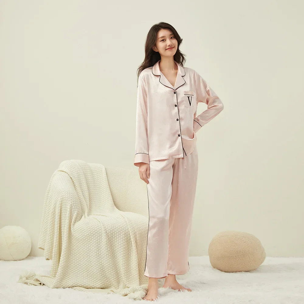 Secret jacquard hexagram women's pajamas, long-sleeved trousers, ice silk loungewear, two-piece set