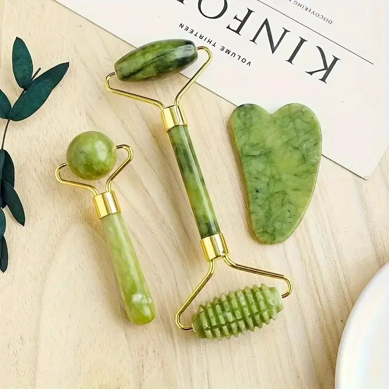 

3pcs Natural Jade Roller Face Gua Sha Natural Stone Body Neck Massager Acupoint Eye Care Spa Massage Visage Lifting Beauty Tools