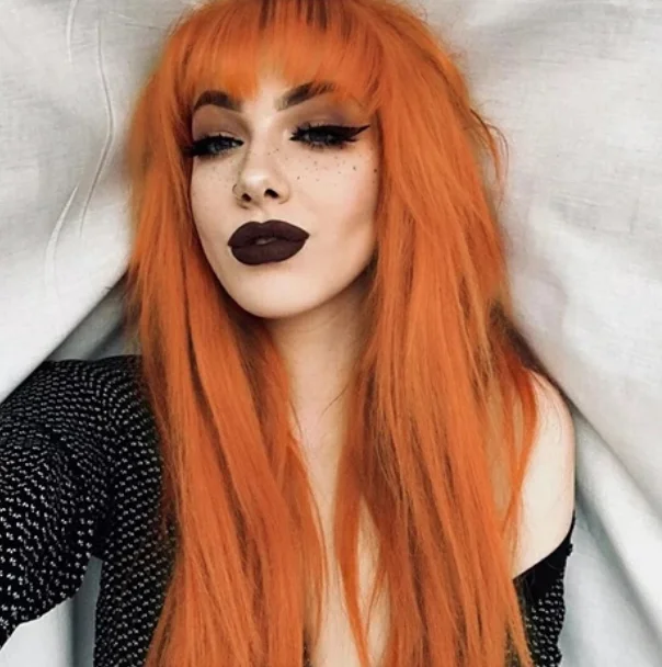 Woman Long Orange Straight  With Bangs Highlight Synthetic Costume Party wig