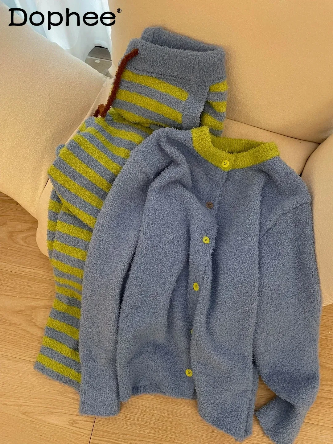 

Тонкие бархатные пижамы в корейском стиле, женские осенне-зимние полосатые кардиганы, теплый утолщенный плюшевый мягкий повседневный комплект домашней одежды