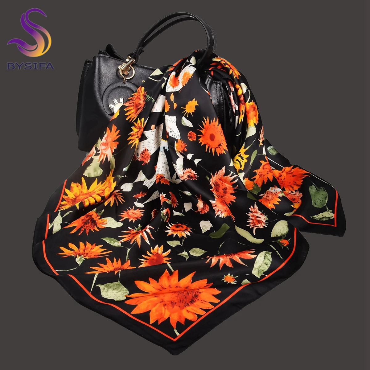 

BYSIFA Floral Letters Silk Scarf Shawl Spring Fall Fashion Black Orange Square Satin Scarves Foulard Winter Women Headscarves