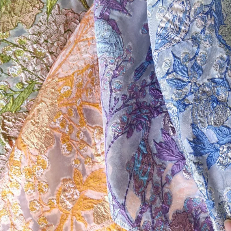 Chinese-style gold silk jacquard organza cut flower Hanfu magnificent evening dress fabric