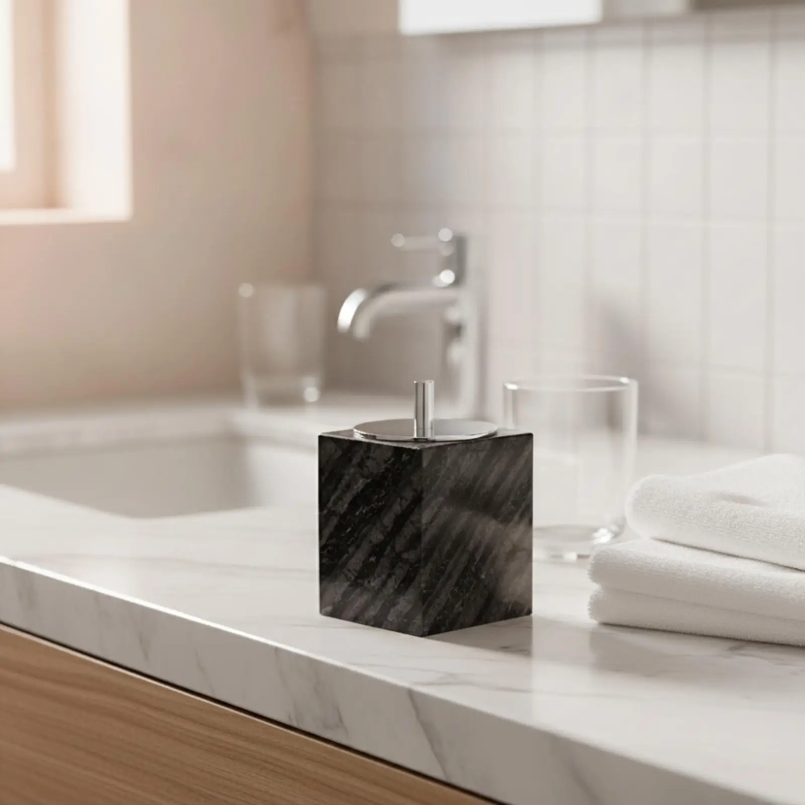 Cotton Swab Holder Marble-Style Q-Tip Holder Square for Dressing Table