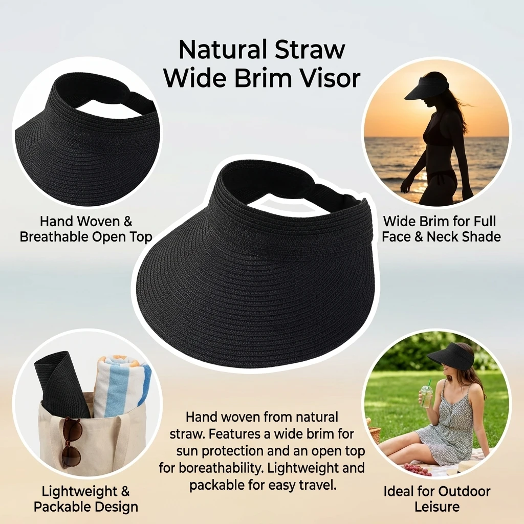Beach Vacation Straw Visor Hat UPF 50+ Sun Protection Open Top Summer Beachwear for Women Travel Picnic Outdoor Essentials