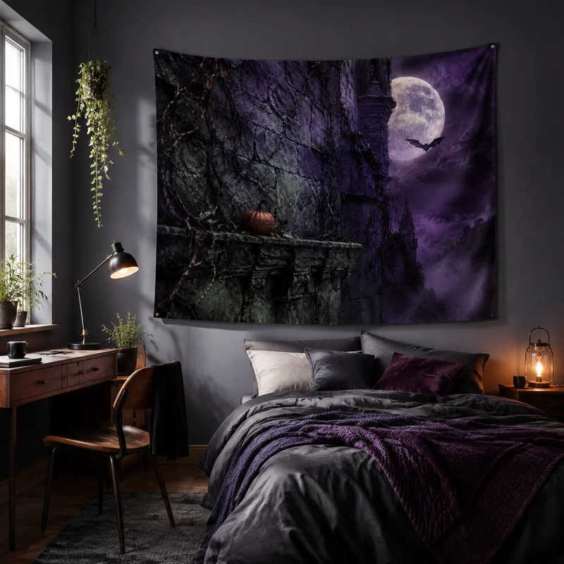 VIKAMA Halloween Windmill Castle Tapestry, Gothic Mansion with Full Moon, Dead Tree, and Bats—Wall Hanging for a Dark Night