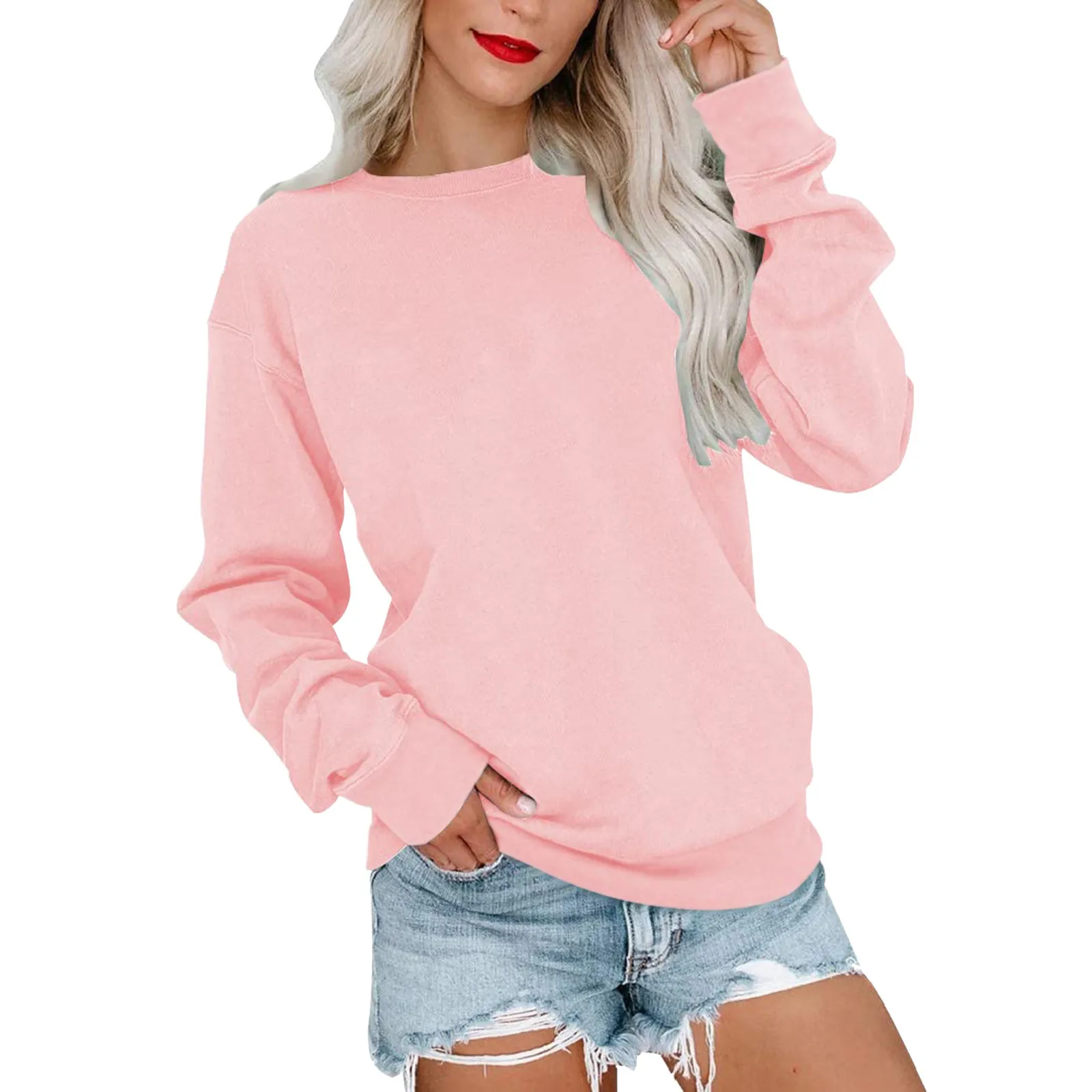 2024 Women's Autumn Winter Daily Sweatshirts Long Sleeve Loose Casual Solid Fashion Pullover Sports Long Sleeve Tops For Women