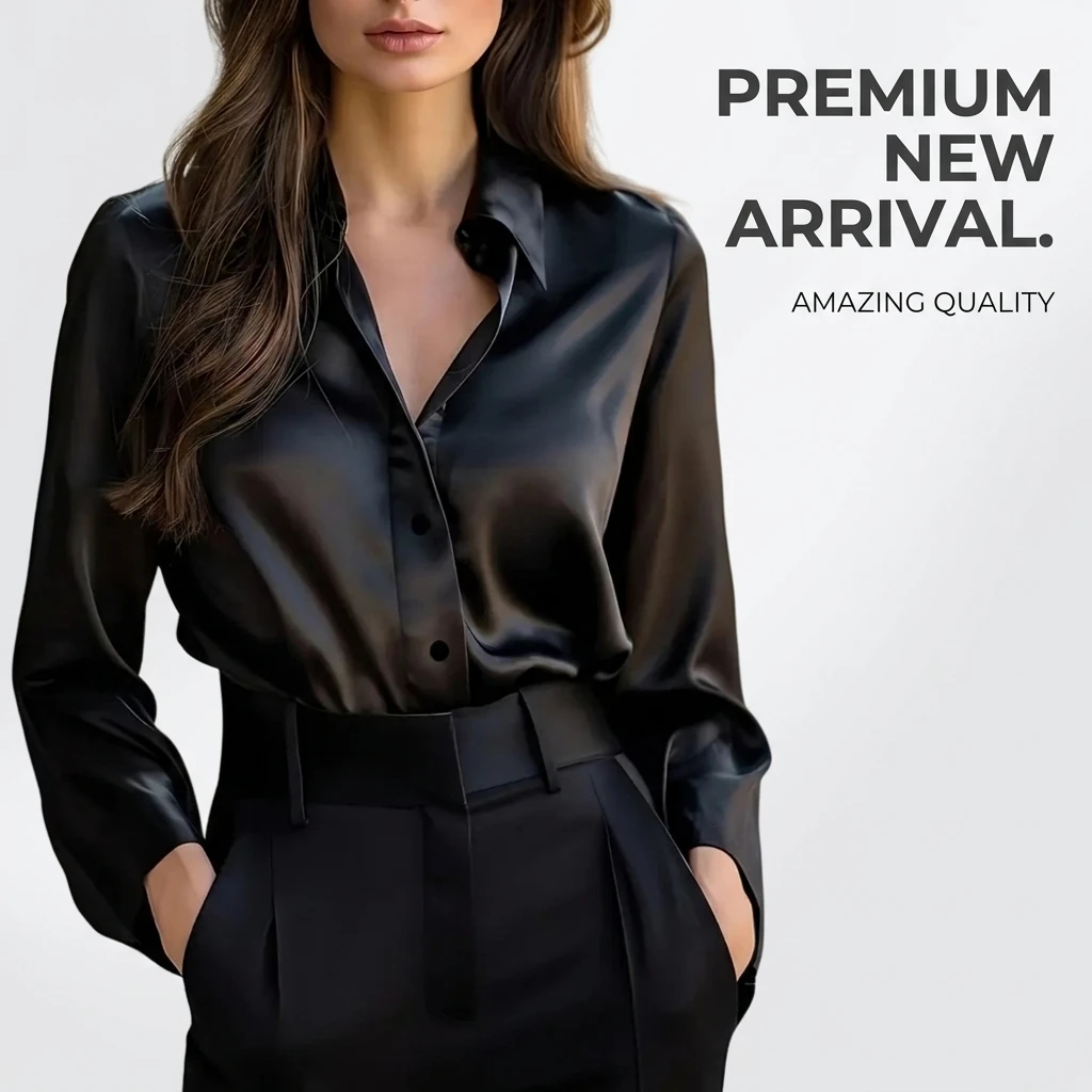 Women's Satin Blouse Elegant Long Sleeve Button Down Shirt Solid Color Office Work Tops
