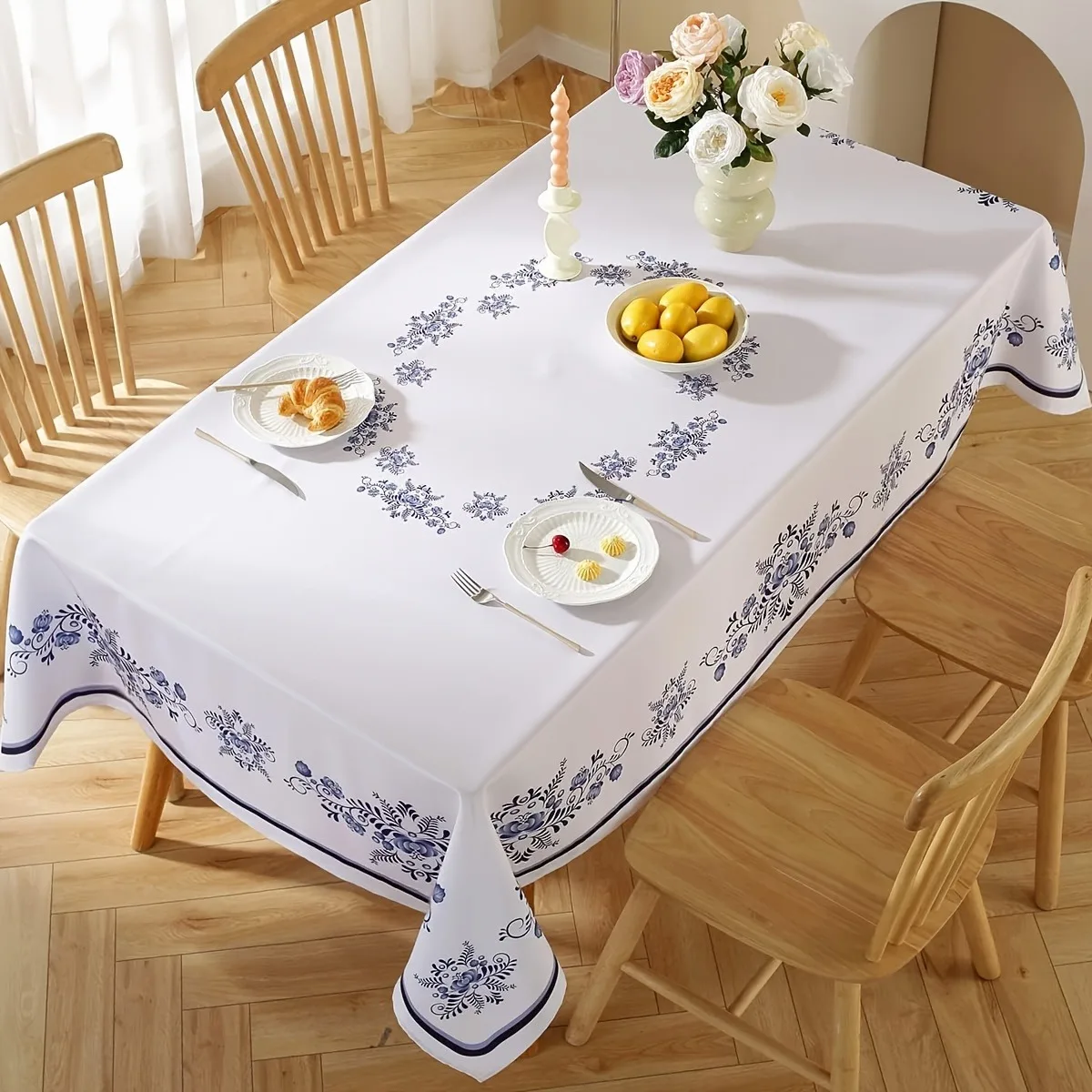 Blue and white floral tablecloth - rectangular table cover - suitable for dining, parties, picnics