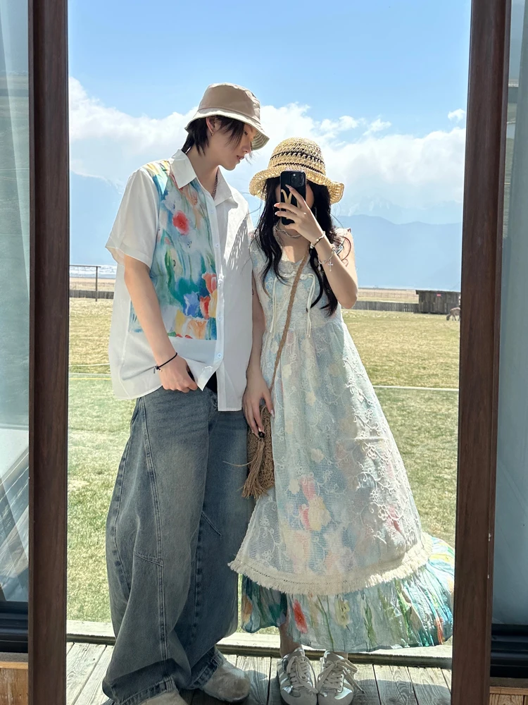 Summer Vacation Couple Outfit Short Sleeve Shirt Lace Trim Halter Dress Mesh Skirt One Skirt One Dress Youth Style Floral Print