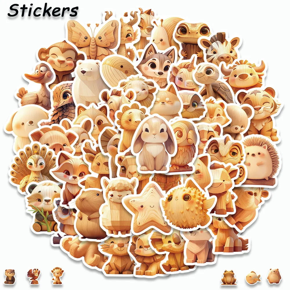 60PCS Wooden Carving Dolls Sticker Animals Decals For Fridge Laptop Suitcase Skateboard Guitar Decorate Children‘ s Toy Stickers