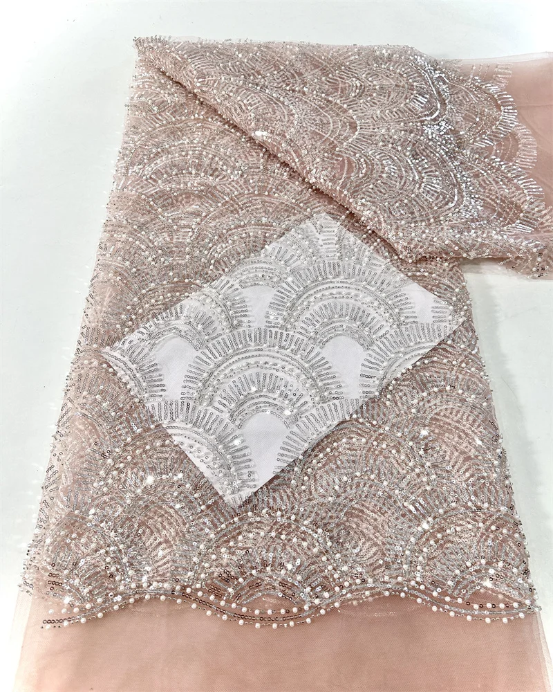 Hand Made Luxury Beaded Lace Fabric 2025 African Tulle Lace French Lace Fabric Nigerian Fabric for Party 5Yards ST30HN-18