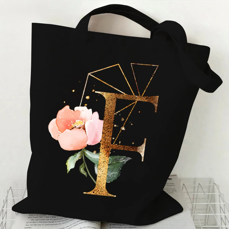 Golden Plant Print Canvas Bag Women\'s Shoulder Bag Fashion Floral Letter Shopping Shopper Ladies Hand Bags Alphabet Tote Bag