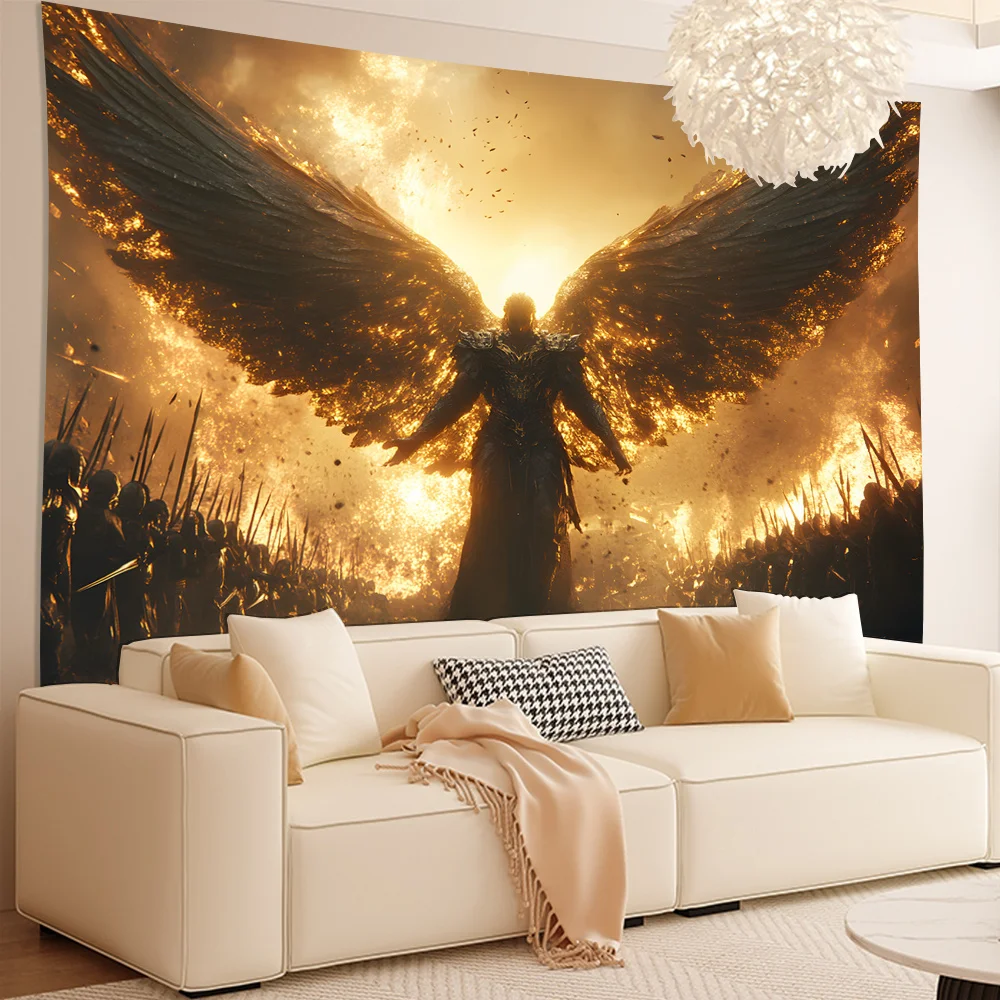 Fiery Angel Tapestry - Dramatic Wall Hanging with Wings for Bedroom and Living Room Decor, Perfect Gift for Fantasy Lovers