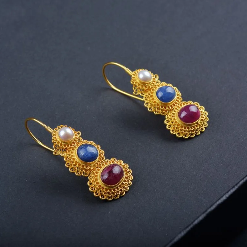 أقراط متدلية أنيقة على شكل قرع على شكل قصر صيني قديم مطلية بالذهب لهدية مجوهرات الزفاف التقليدية من Hanfu