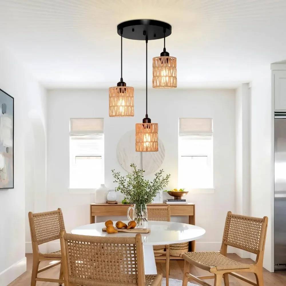 JOYINLED 2 Pack 3-Light Boho Rattan Wicker Suspension Pendant Lamp for Coffee Shop, Corridor, Boutique, Kitchen, Hotel Lobby